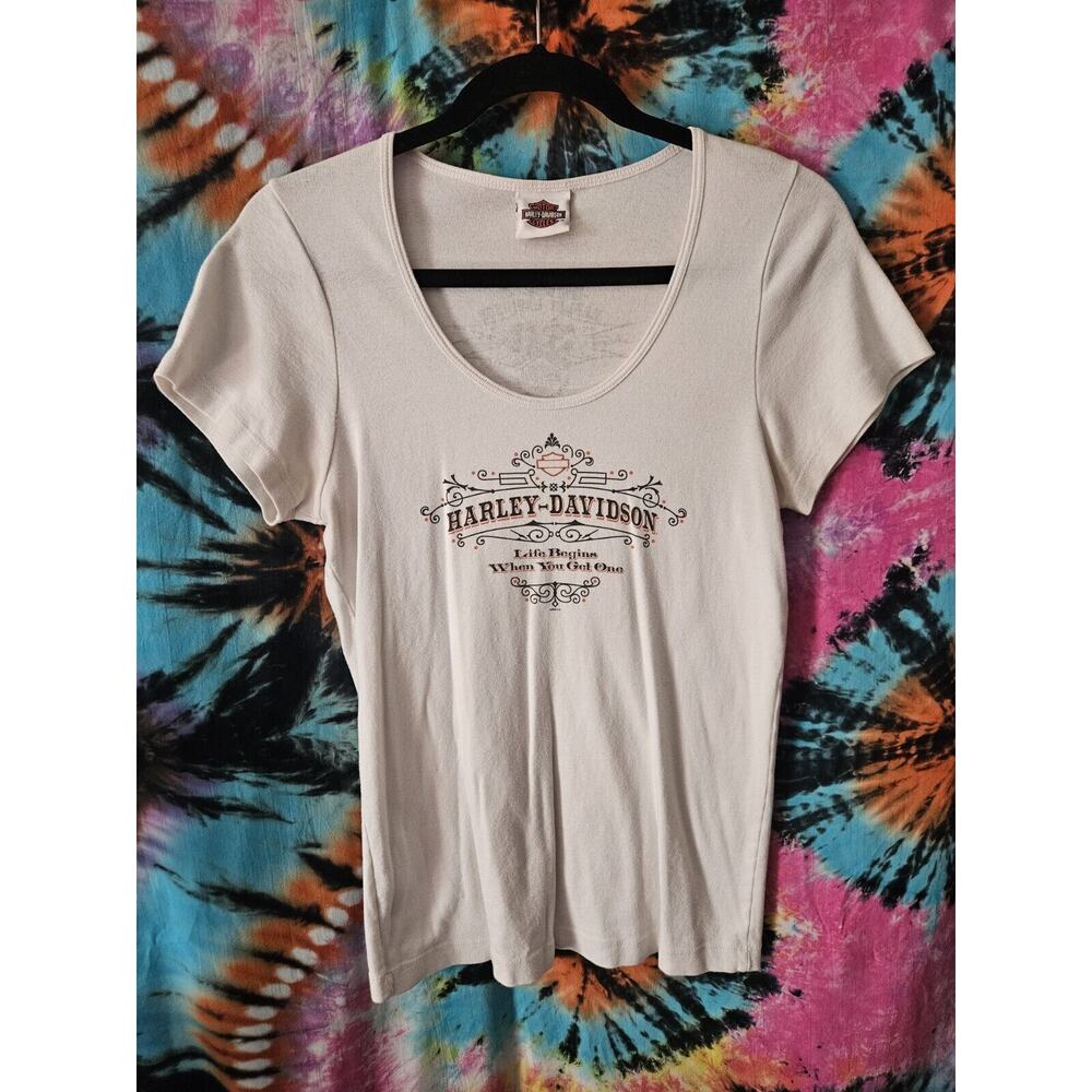 Harley-Davidson White T-Shirt Scoop Neck Size Large Biker Y2K Motorcycle